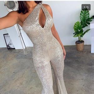 One Shoulder Gold Sequin Jumpsuit
